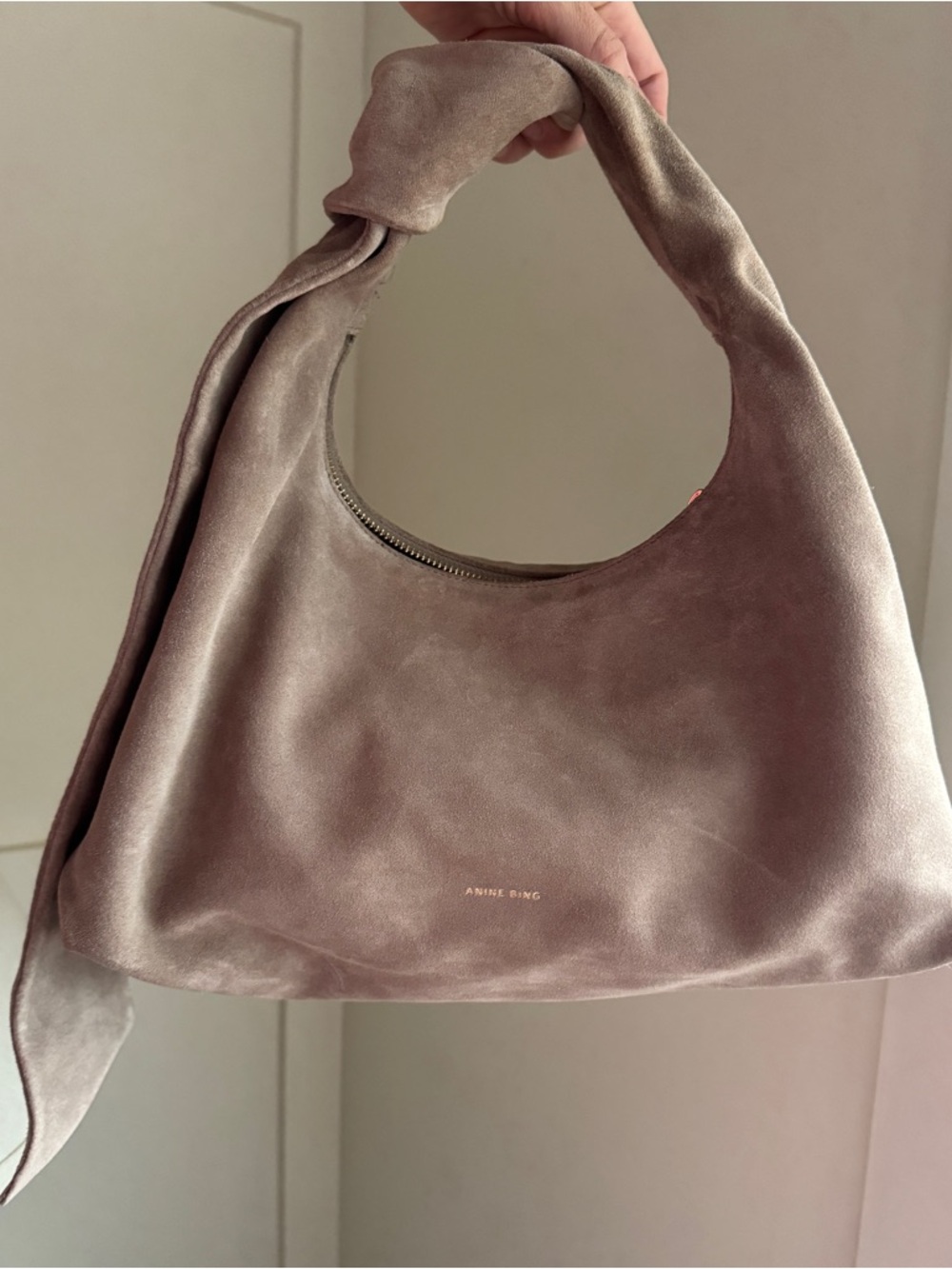 Anine Bing Taupe Velvet Knot-Handle Shoulder Bag